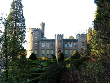 front view of castle surrounded by trees